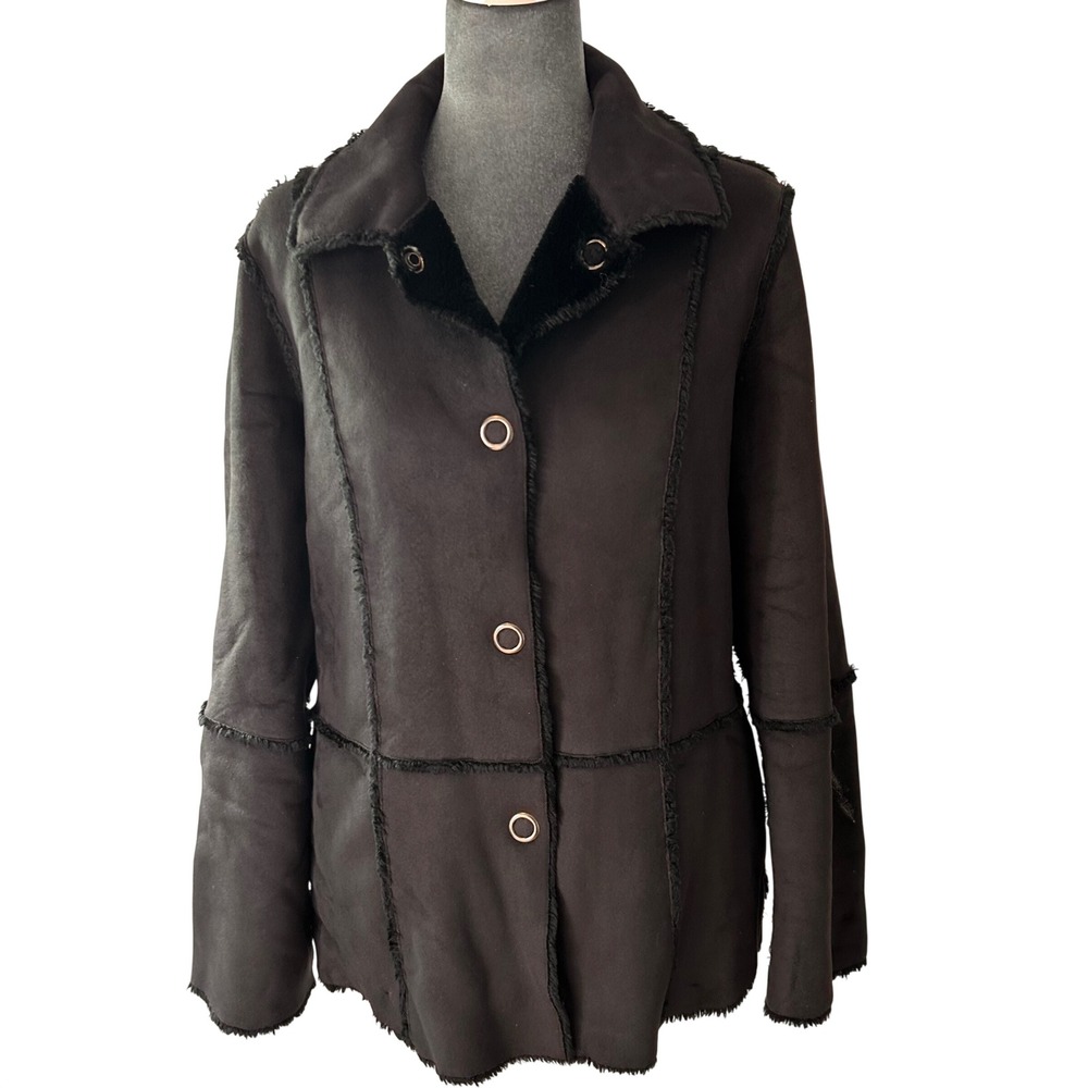 Sanyo New York Faux Shearling Suede Jacket Dark Brown Snap Front Coat Women S